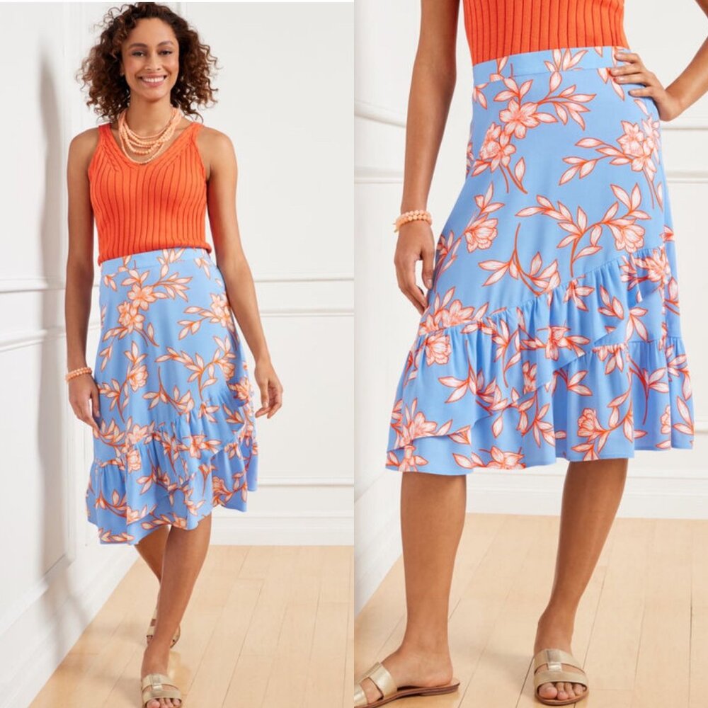 Talbots Tiered Midi Skirt Flowing Hibiscus Floral Blue & Orange Women's Size M